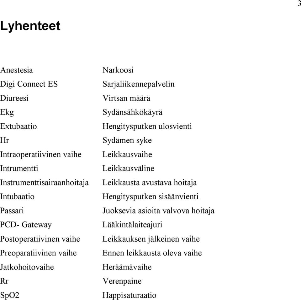 Sydänsähkökäyrä Hengitysputken ulosvienti Sydämen syke Leikkausvaihe Leikkausväline Leikkausta avustava hoitaja Hengitysputken sisäänvienti