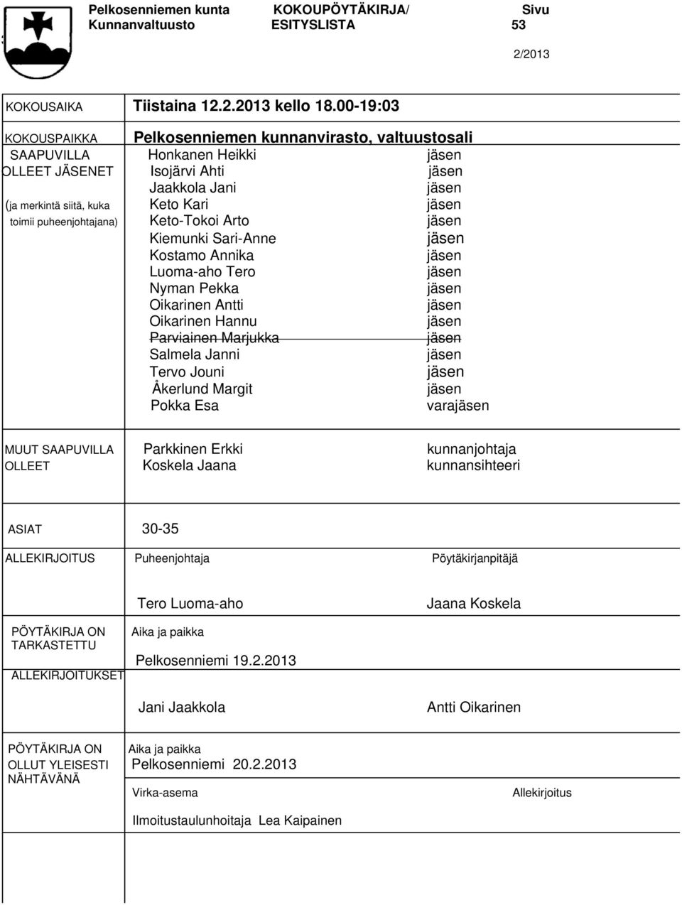 Keto-Tokoi Arto Kiemunki Sari-Anne Kostamo Annika Luoma-aho Tero Nyman Pekka Oikarinen Antti Oikarinen Hannu Parviainen Marjukka Salmela Janni Tervo Jouni Åkerlund Margit Pokka Esa vara MUUT