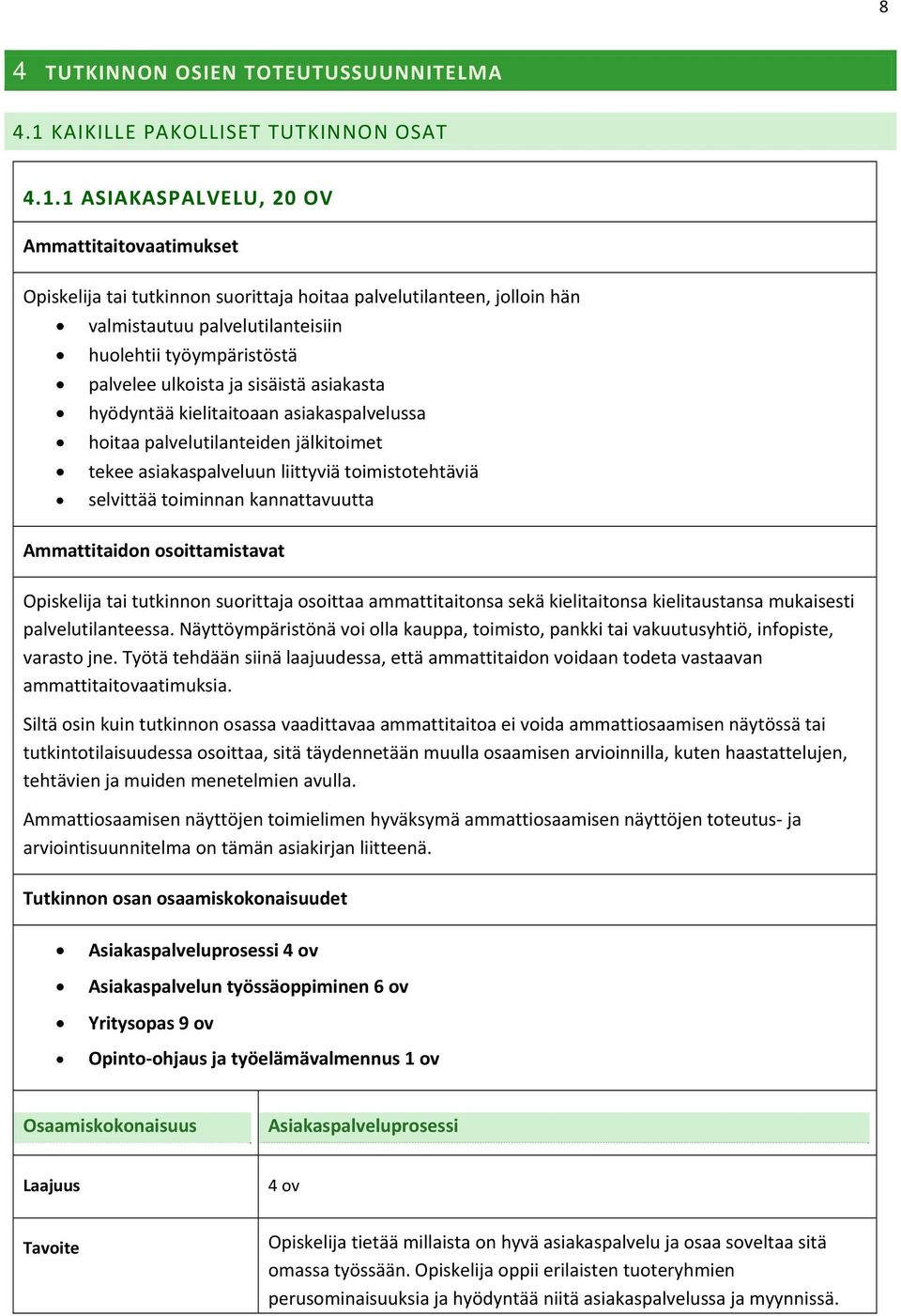 1 ASIAKASPALVELU, 20 OV Ammattitaitovaatimukset Opiskelija tai tutkinnon suorittaja hoitaa palvelutilanteen, jolloin hän valmistautuu palvelutilanteisiin huolehtii työympäristöstä palvelee ulkoista