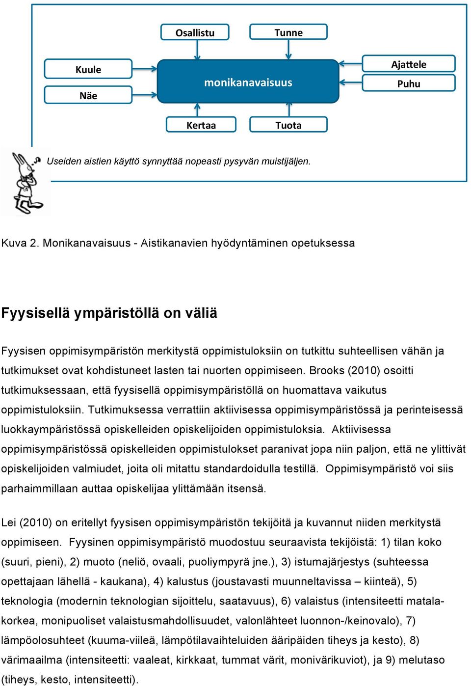 kohdistuneet lasten tai nuorten oppimiseen. Brooks (2010) osoitti tutkimuksessaan, että fyysisellä oppimisympäristöllä on huomattava vaikutus oppimistuloksiin.