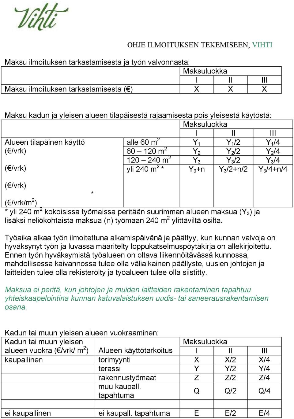 /4+n/4 ( /vrk) * ( /vrk/m 2 ) * yli 240 m 2 kokoisissa työmaissa peritään suurimman alueen maksua (Y 3 ) ja lisäksi neliökohtaista maksua (n) työmaan 240 m 2 ylittäviltä osilta.