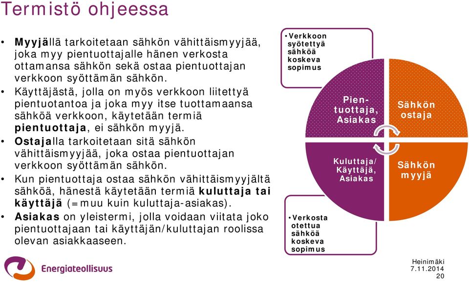 Ostajalla tarkoitetaan sitä sähkön vähittäismyyjää, joka ostaa pientuottajan verkkoon syöttämän sähkön.