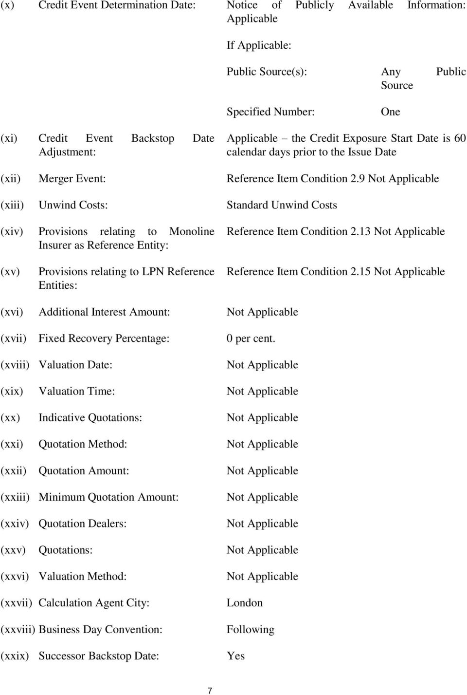 9 (xiii) Unwind Costs: Standard Unwind Costs (xiv) Provisions relating to Monoline Insurer as Reference Entity: Reference Item Condition 2.