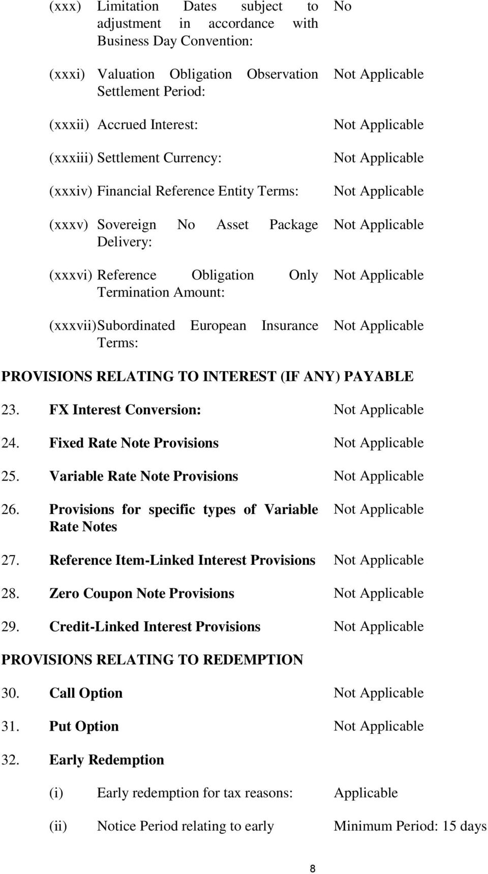 No PROVISIONS RELATING TO INTEREST (IF ANY) PAYABLE 23. FX Interest Conversion: 24. Fixed Rate Note Provisions 25. Variable Rate Note Provisions 26.