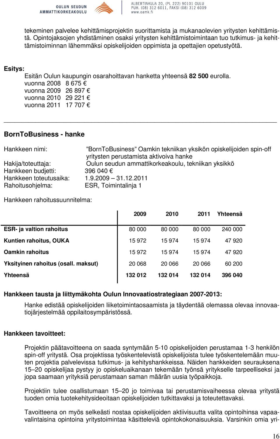 Esitän Oulun kaupungin osarahoittavan hanketta yhteensä 82 500 eurolla.