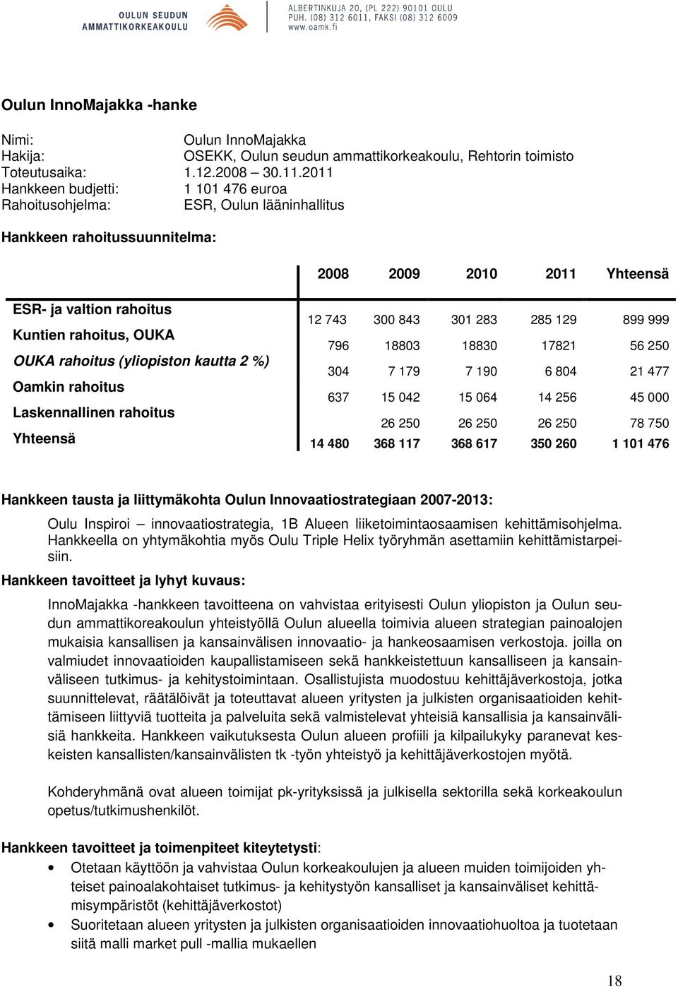 899 999 Kuntien rahoitus, OUKA 796 18803 18830 17821 56 250 OUKA rahoitus (yliopiston kautta 2 %) 304 7 179 7 190 6 804 21 477 Oamkin rahoitus 637 15 042 15 064 14 256 45 000 Laskennallinen rahoitus