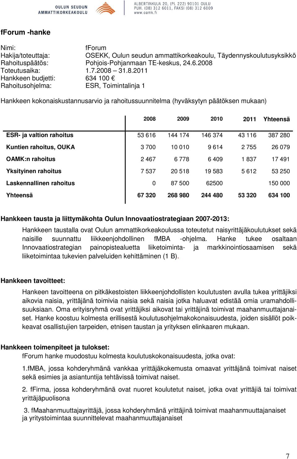 31.8.2011 Hankkeen budjetti: 634 100 Rahoitusohjelma: ESR, Toimintalinja 1 Hankkeen kokonaiskustannusarvio ja rahoitussuunnitelma (hyväksytyn päätöksen mukaan) 2008 2009 2010 2011 Yhteensä ESR- ja