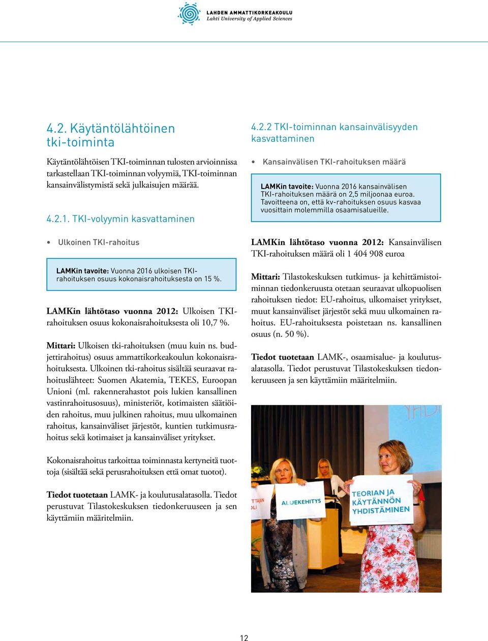 LAMKin lähtötaso vuonna 2012: Ulkoisen TKIrahoituksen osuus kokonaisrahoituksesta oli 10,7 %. Mittari: Ulkoisen tki-rahoituksen (muu kuin ns.