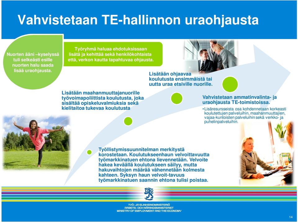 Lisätään maahanmuuttajanuorille työvoimapoliittista koulutusta, joka sisältää opiskeluvalmiuksia sekä kielitaitoa tukevaa koulutusta Vahvistetaan ammatinvalinta- ja uraohjausta TE-toimistoissa.