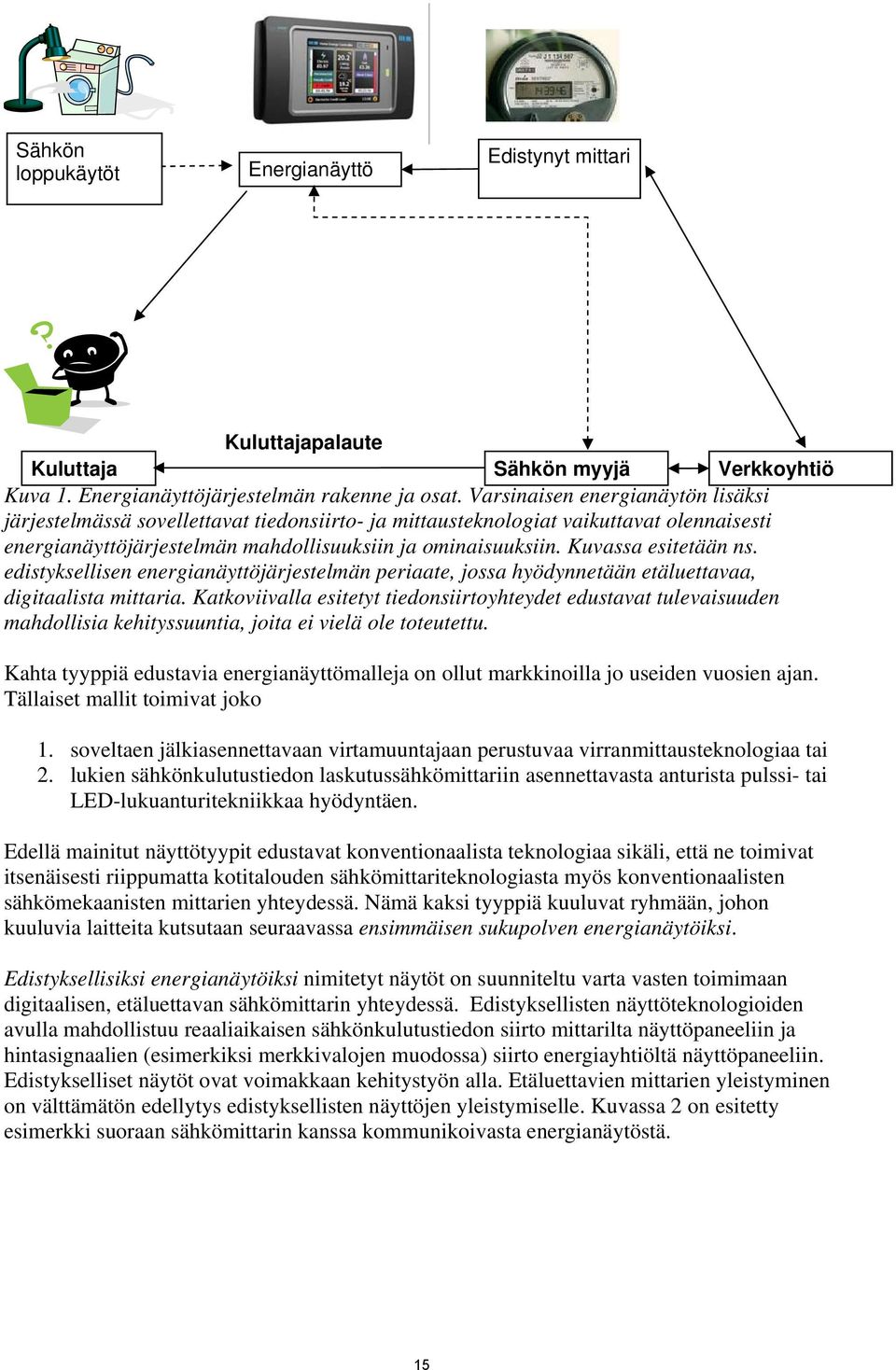 Kuvassa esitetään ns. edistyksellisen energianäyttöjärjestelmän periaate, jossa hyödynnetään etäluettavaa, digitaalista mittaria.