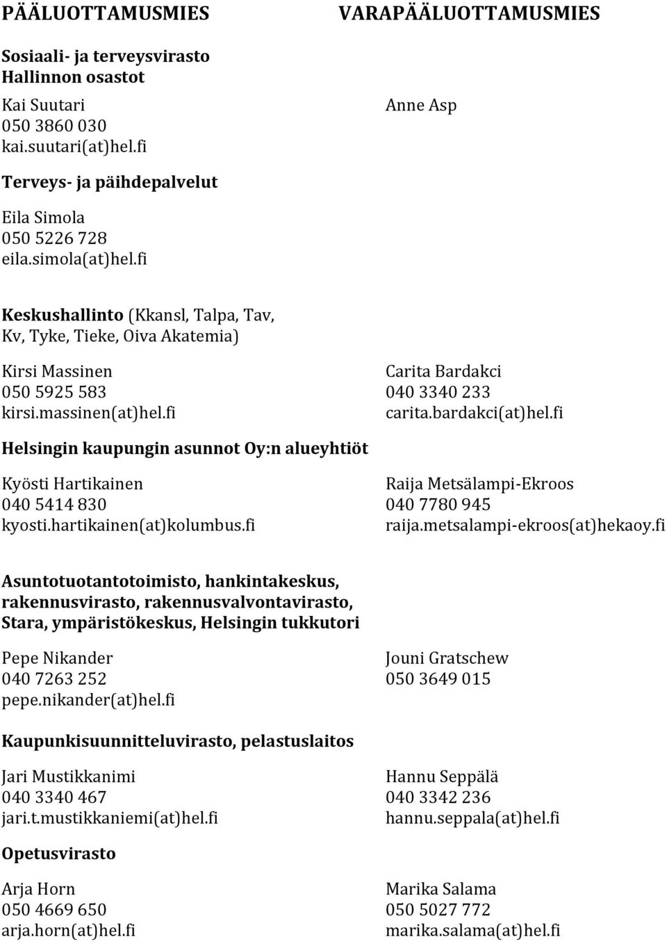 fi Helsingin kaupungin asunnot Oy:n alueyhtiöt Kyösti Hartikainen Raija Metsälampi-Ekroos 040 5414 830 040 7780 945 kyosti.hartikainen(at)kolumbus.fi raija.metsalampi-ekroos(at)hekaoy.