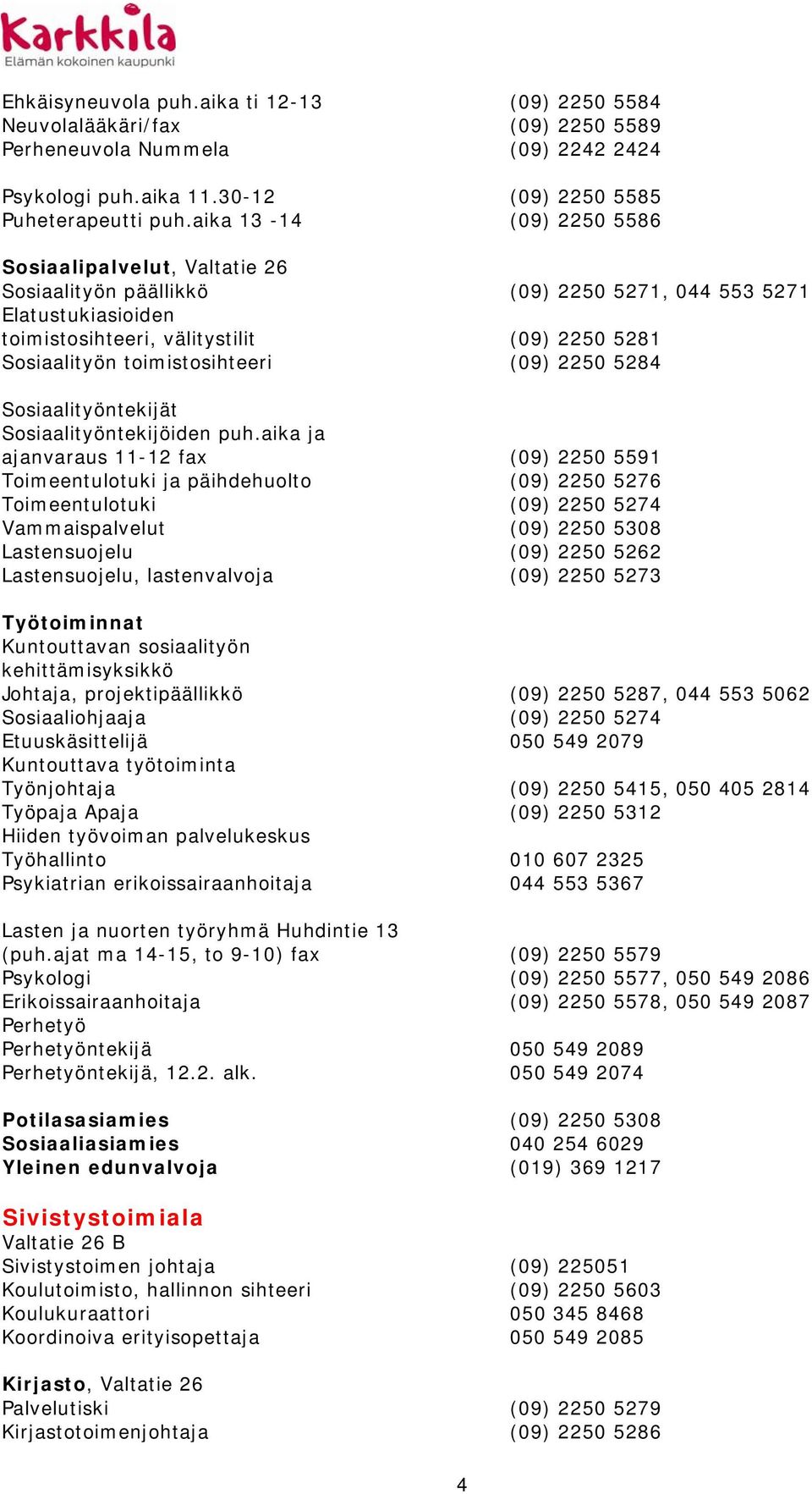 toimistosihteeri (09) 2250 5284 Sosiaalityöntekijät Sosiaalityöntekijöiden puh.