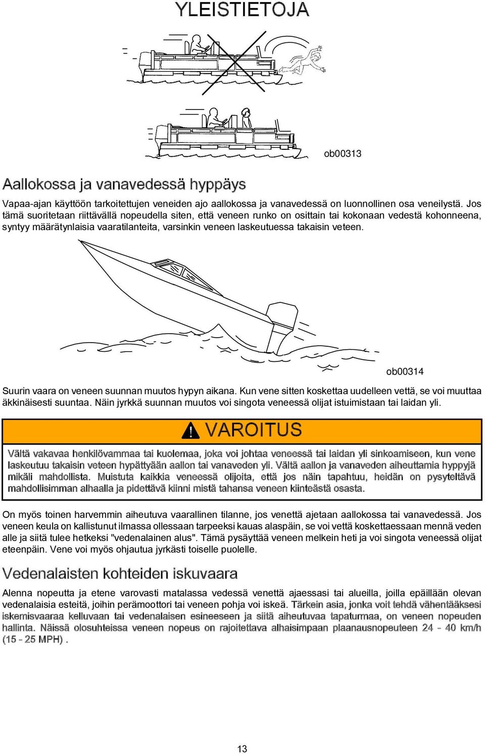 ob00314 Suurin vaara on veneen suunnan muutos hypyn aikana. Kun vene sitten koskettaa uudelleen vettä, se voi muuttaa äkkinäisesti suuntaa.