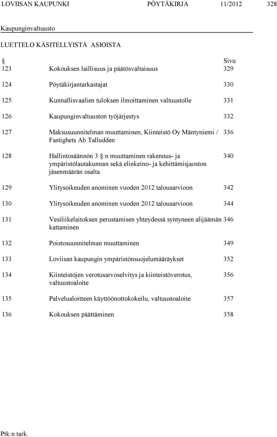 muuttaminen rakennus- ja ympäristölautakunnan sekä elinkeino- ja kehittämisjaoston määrän osalta 336 340 129 Ylitysoikeuden anominen vuoden 2012 talousarvioon 342 130 Ylitysoikeuden anominen vuoden