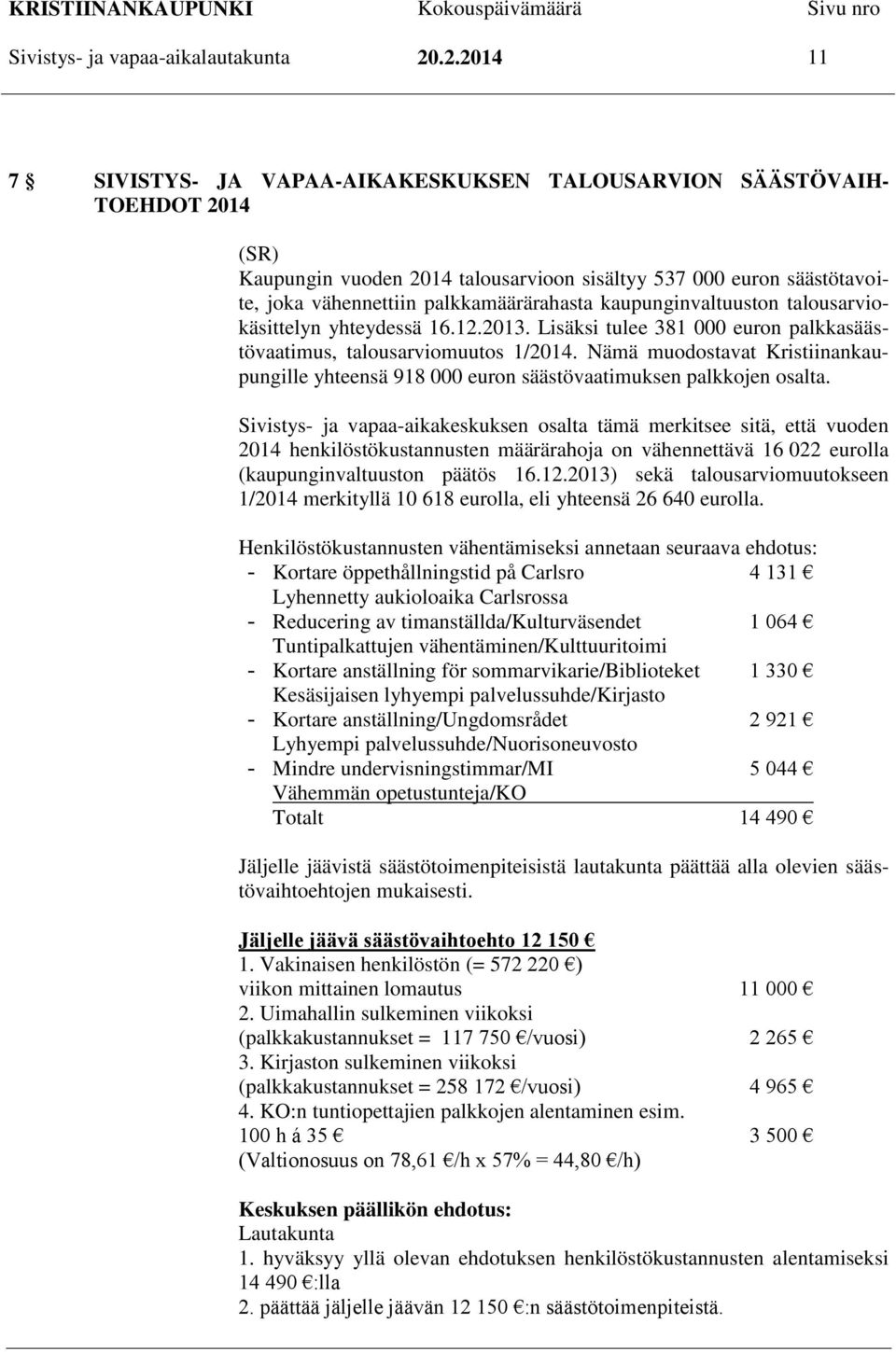 kaupunginvaltuuston talousarviokäsittelyn yhteydessä 16.12.2013. Lisäksi tulee 381 000 euron palkkasäästövaatimus, talousarviomuutos 1/2014.