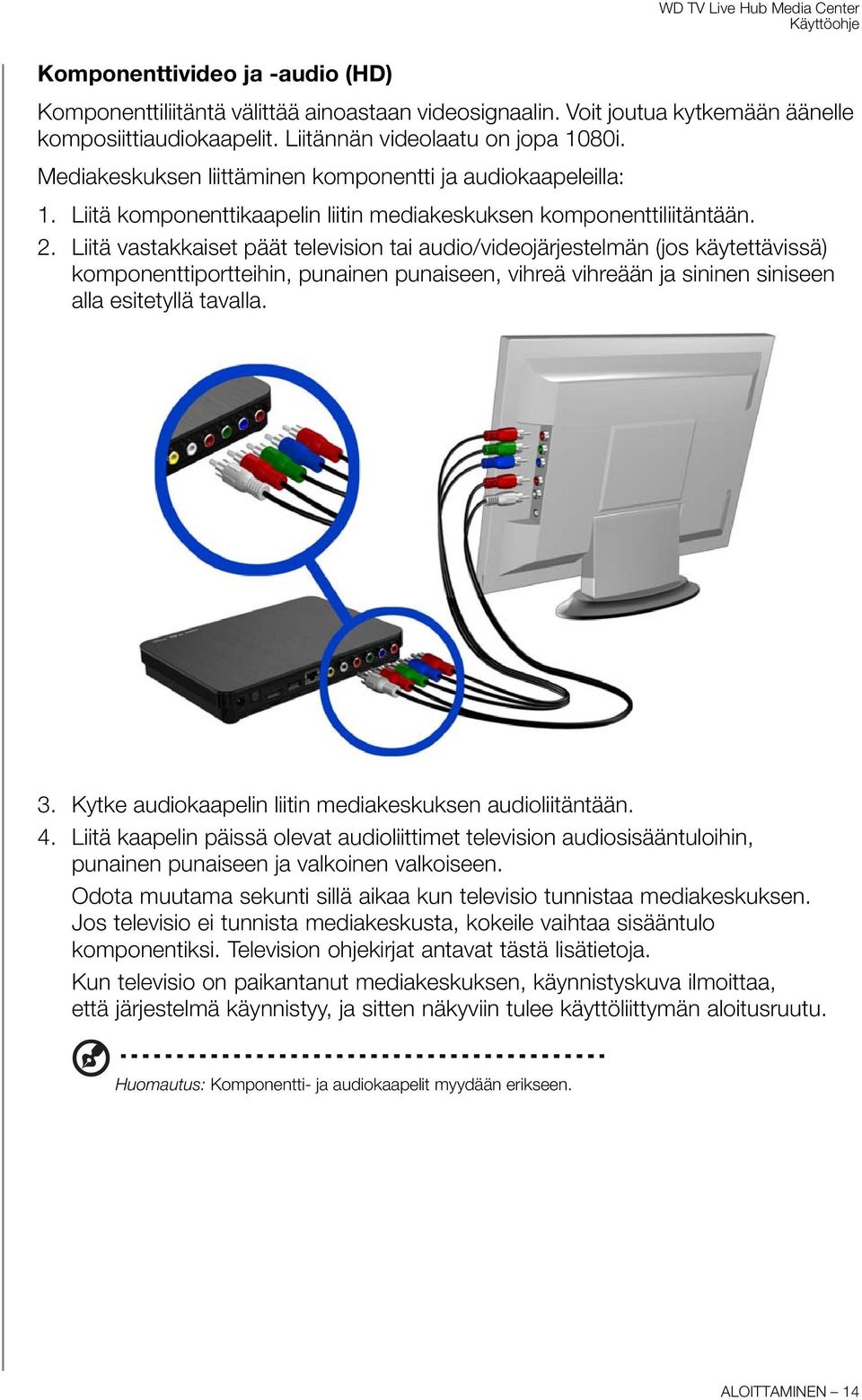 Liitä vastakkaiset päät television tai audio/videojärjestelmän (jos käytettävissä) komponenttiportteihin, punainen punaiseen, vihreä vihreään ja sininen siniseen alla esitetyllä tavalla. 3.