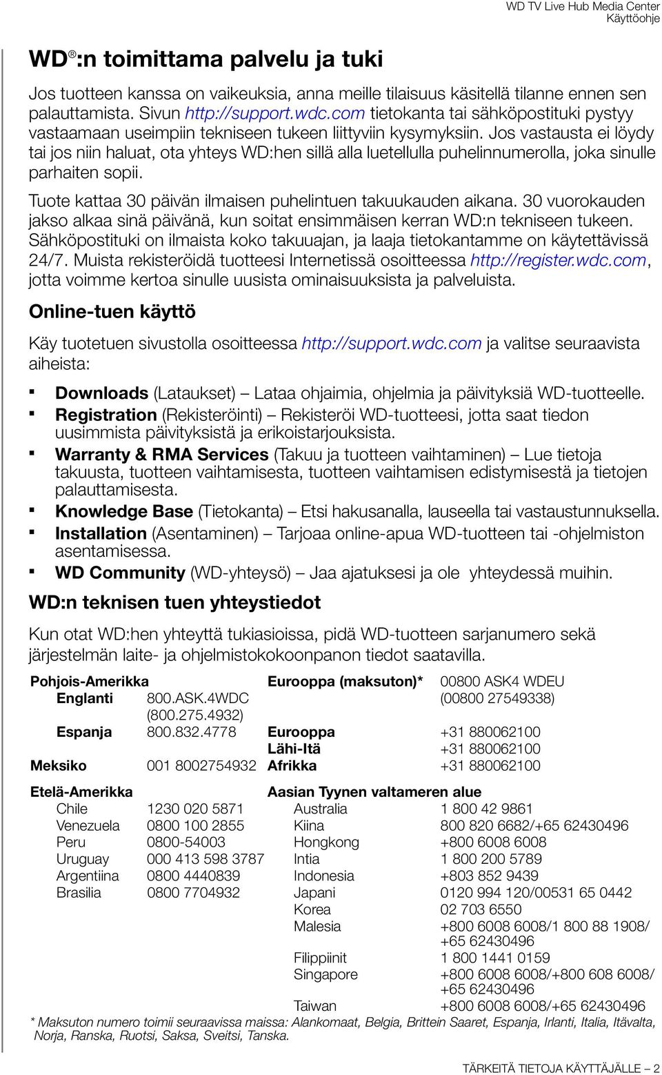Jos vastausta ei löydy tai jos niin haluat, ota yhteys WD:hen sillä alla luetellulla puhelinnumerolla, joka sinulle parhaiten sopii. Tuote kattaa 30 päivän ilmaisen puhelintuen takuukauden aikana.