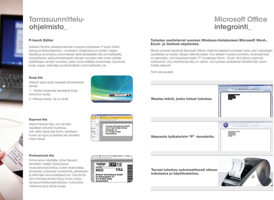 tarrojen luomisen, jotka voivat sisältää viivakoodeja, taulukoita, kuvia, logoja, kellonajan ja päivämäärän automaattisesti, jne.