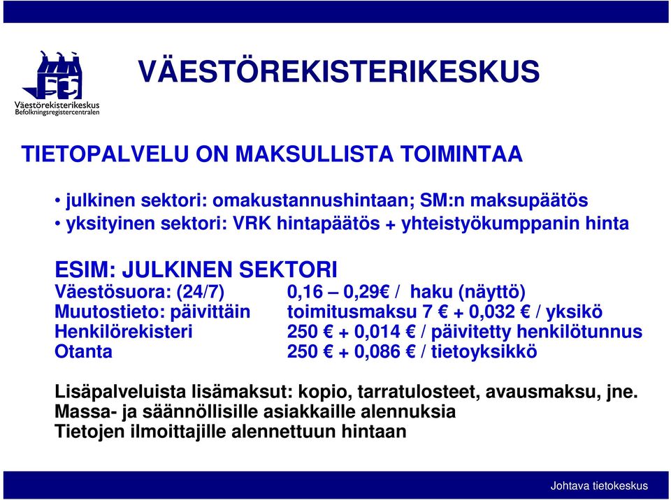 0,29 / haku (näyttö) toimitusmaksu 7 + 0,032 / yksikö 250 + 0,014 / päivitetty henkilötunnus 250 + 0,086 / tietoyksikkö Lisäpalveluista