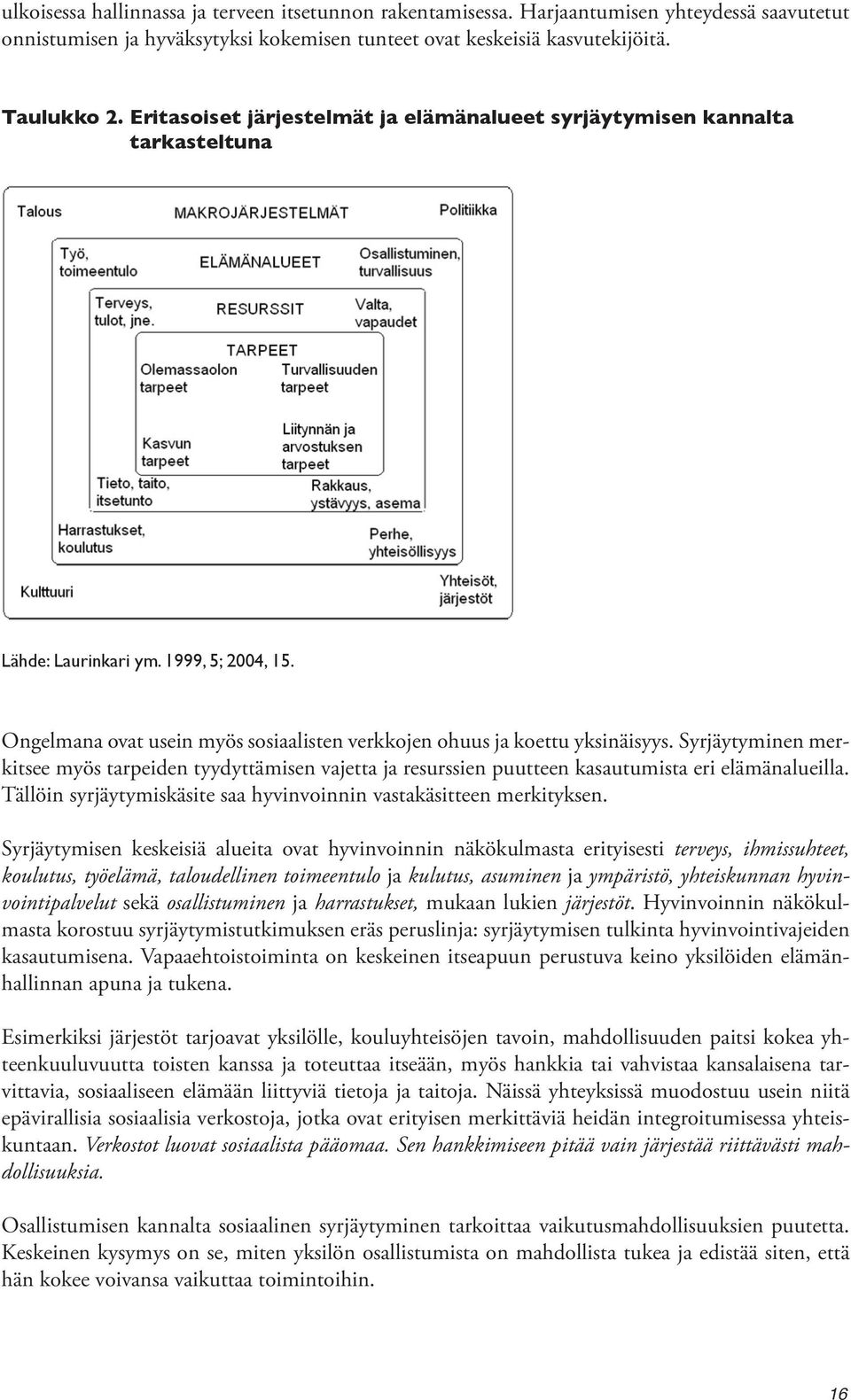 Syrjäytyminen merkitsee myös tarpeiden tyydyttämisen vajetta ja resurssien puutteen kasautumista eri elämänalueilla. Tällöin syrjäytymiskäsite saa hyvinvoinnin vastakäsitteen merkityksen.