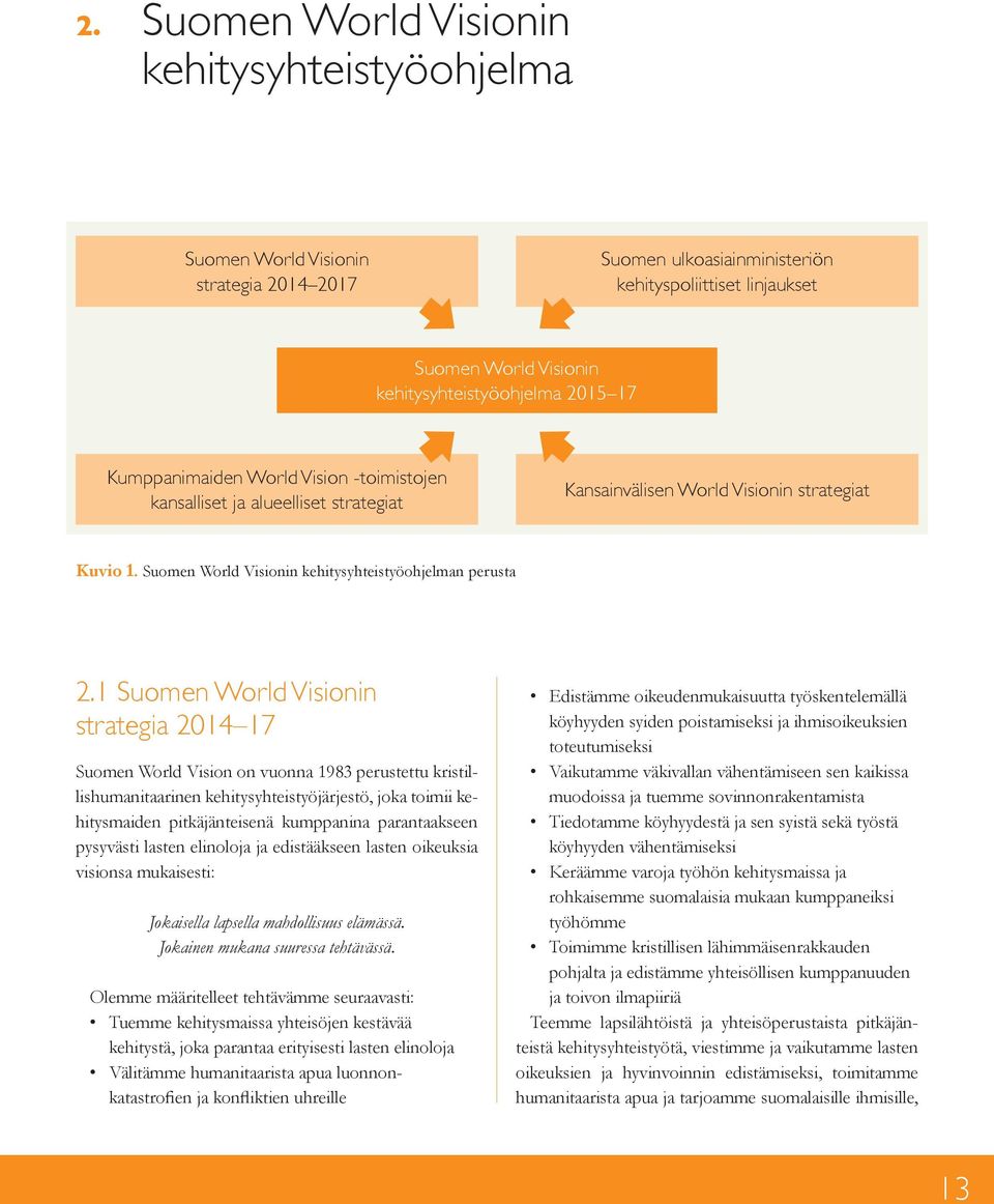 1 Suomen World Visionin strategia 2014 17 Suomen World Vision on vuonna 1983 perustettu kristillishumanitaarinen kehitysyhteistyöjärjestö, joka toimii kehitysmaiden pitkäjänteisenä kumppanina