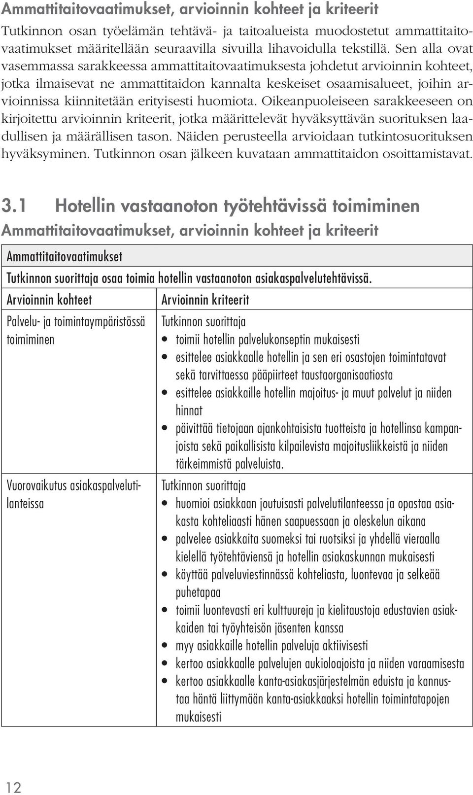 Sen alla ovat vasemmassa sarakkeessa ammattitaitovaatimuksesta johdetut arvioinnin kohteet, jotka ilmaisevat ne ammattitaidon kannalta keskeiset osaamisalueet, joihin arvioinnissa kiinnitetään