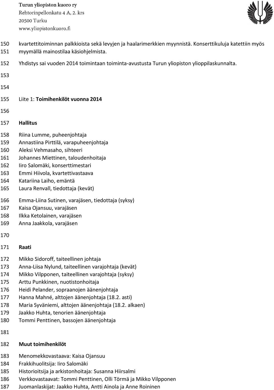 153 154 155 Liite 1: Toimihenkilöt vuonna 2014 156 157 158 159 160 161 162 163 164 165 166 167 168 169 Hallitus Riina Lumme, puheenjohtaja Annastiina Pirttilä, varapuheenjohtaja Aleksi Vehmasaho,