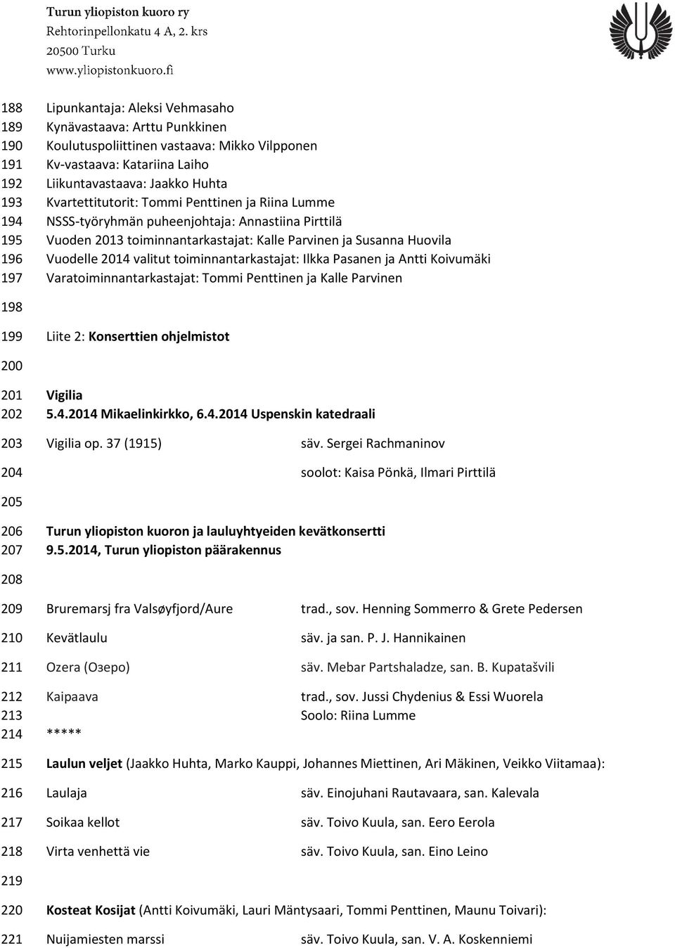 valitut toiminnantarkastajat: Ilkka Pasanen ja Antti Koivumäki Varatoiminnantarkastajat: Tommi Penttinen ja Kalle Parvinen 198 199 Liite 2: Konserttien ohjelmistot 200 201 202 Vigilia 5.4.