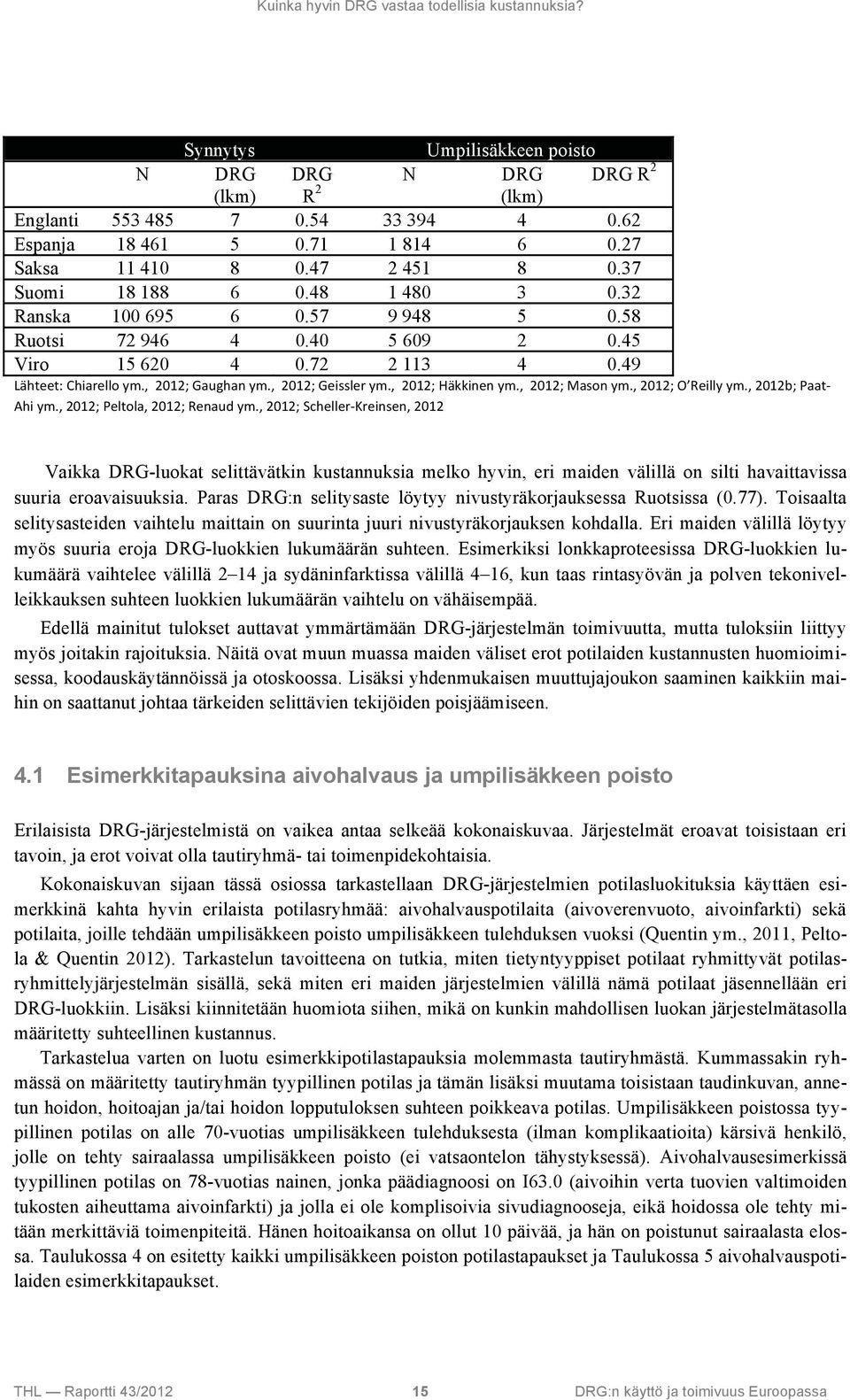 49 Vaikka DRG-luokat selittävätkin kustannuksia melko hyvin, eri maiden välillä on silti havaittavissa suuria eroavaisuuksia. Paras DRG:n selitysaste löytyy nivustyräkorjauksessa Ruotsissa (0.77).