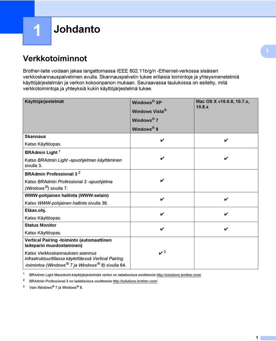 Seuraavassa taulukossa on esitetty, mitä verkkotoimintoja ja yhteyksiä kukin käyttöjärjestelmä tukee. Käyttöjärjestelmät Skannaus Katso Käyttöopas.