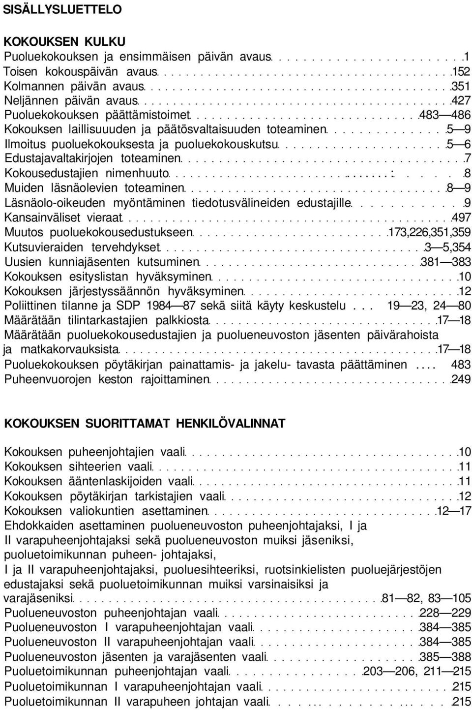 ..: 8 Muiden läsnäolevien toteaminen 8 9 Läsnäolo-oikeuden myöntäminen tiedotusvälineiden edustajille 9 Kansainväliset vieraat 497 Muutos puoluekokousedustukseen 173,226,351,359 Kutsuvieraiden