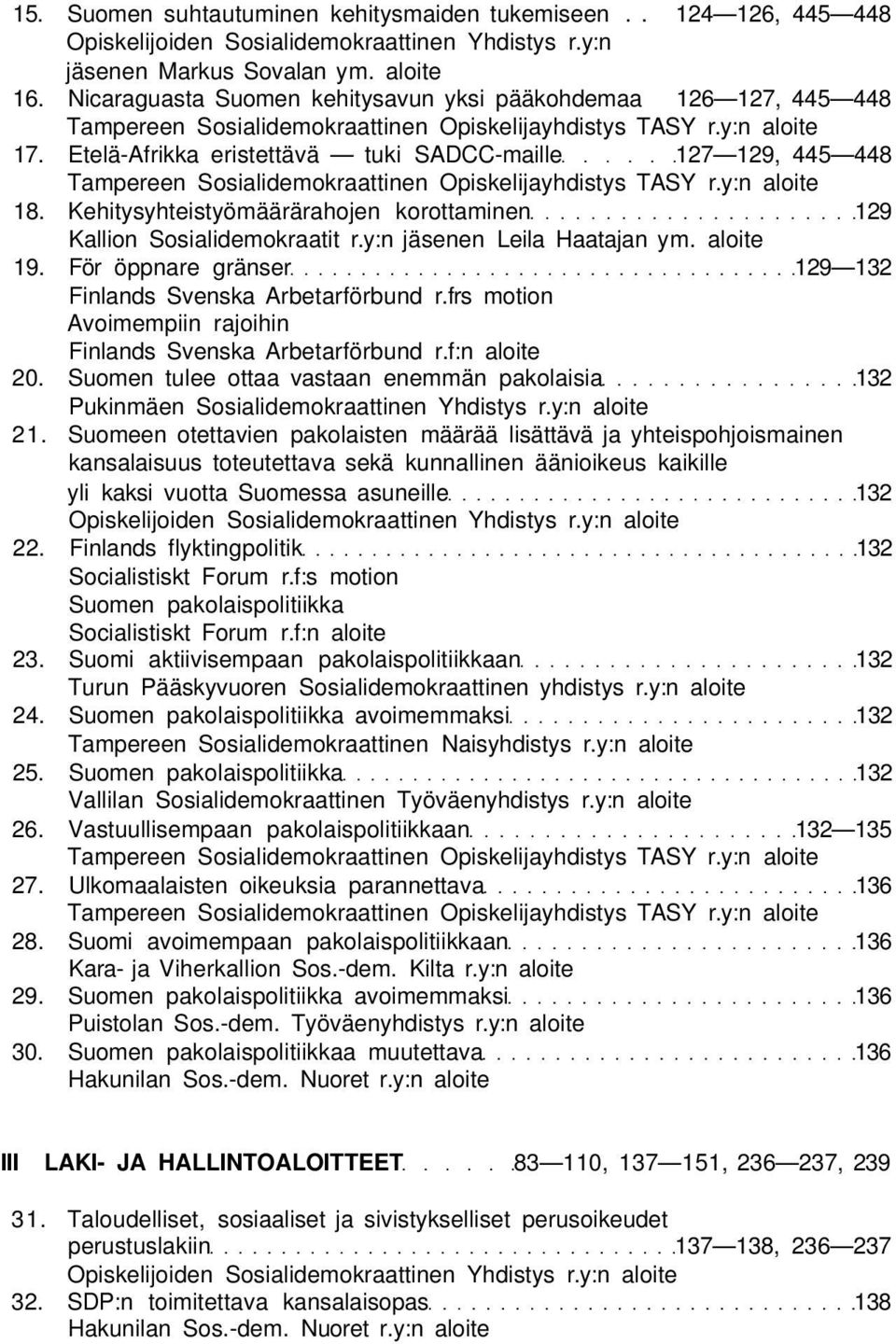 Etelä-Afrikka eristettävä tuki SADCC-maille 127 129, 445 448 Tampereen Sosialidemokraattinen Opiskelijayhdistys TASY r.y:n aloite 18.