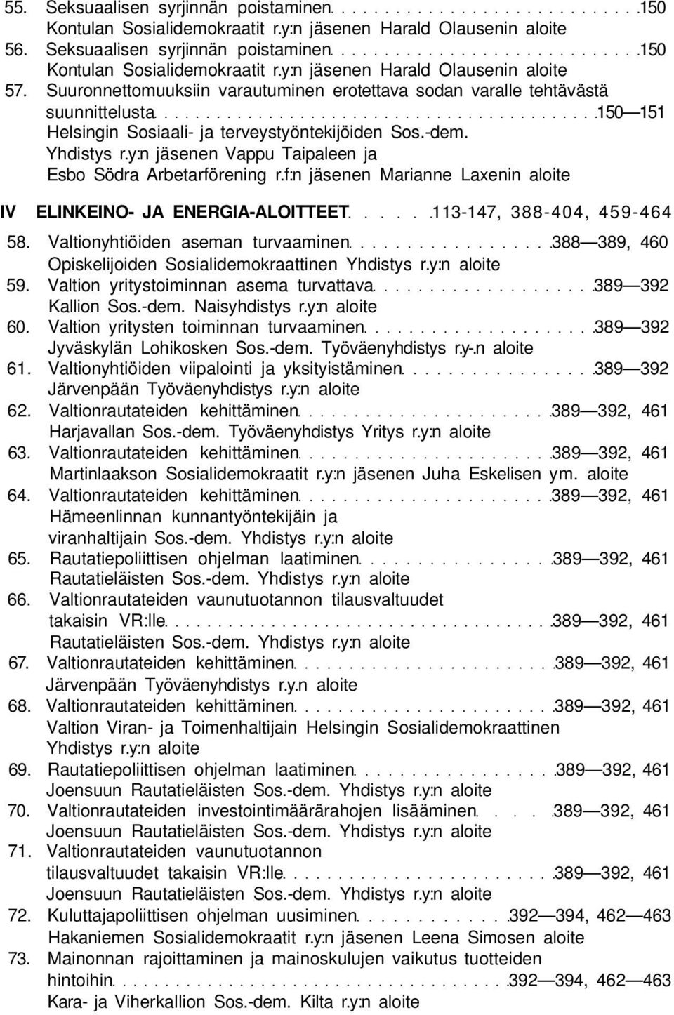 y:n jäsenen Vappu Taipaleen ja Esbo Södra Arbetarförening r.f:n jäsenen Marianne Laxenin aloite IV ELINKEINO- JA ENERGIA-ALOITTEET 113-147, 388-404, 459-464 58.