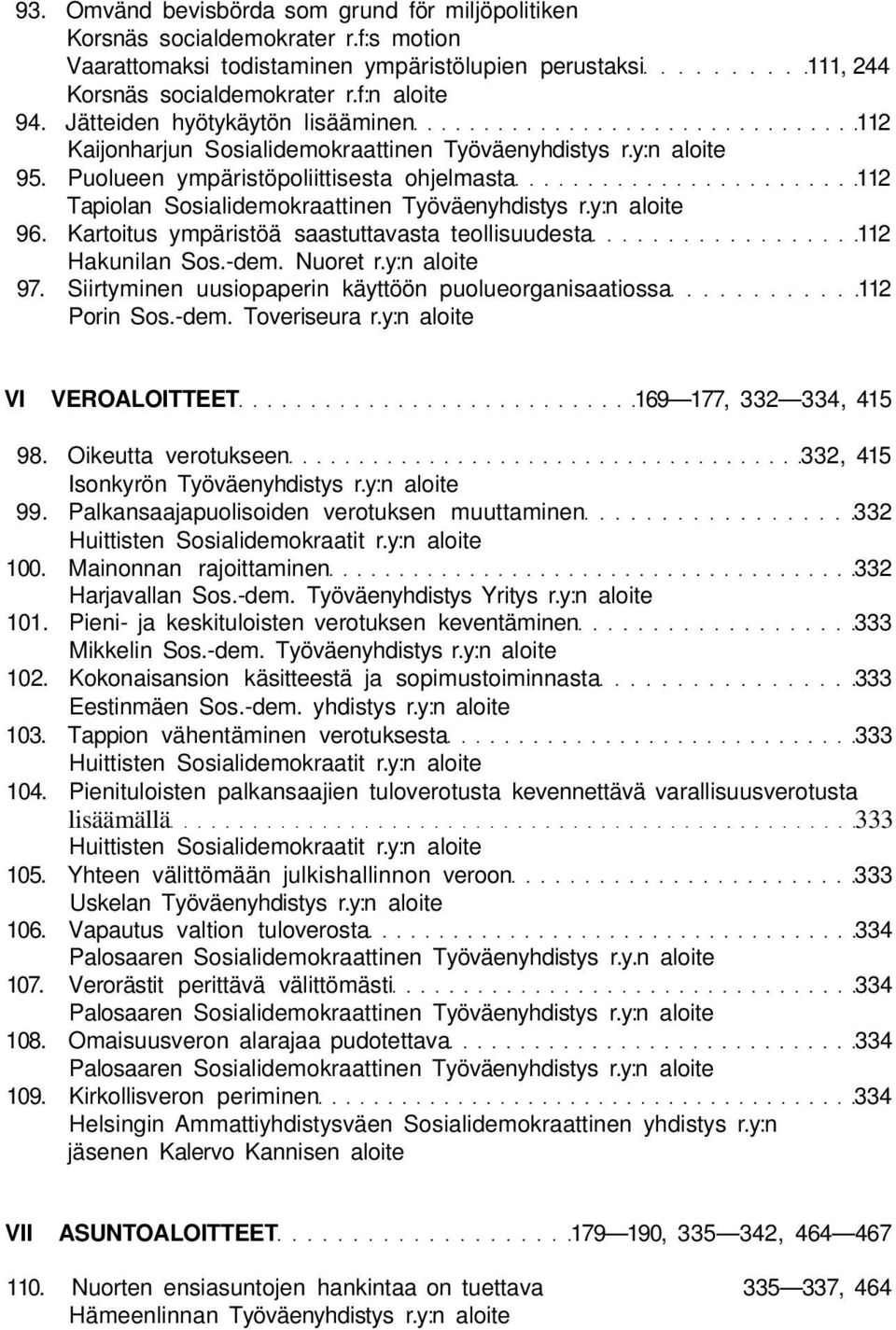 Puolueen ympäristöpoliittisesta ohjelmasta 112 Tapiolan Sosialidemokraattinen Työväenyhdistys r.y:n aloite 96. Kartoitus ympäristöä saastuttavasta teollisuudesta 112 97.