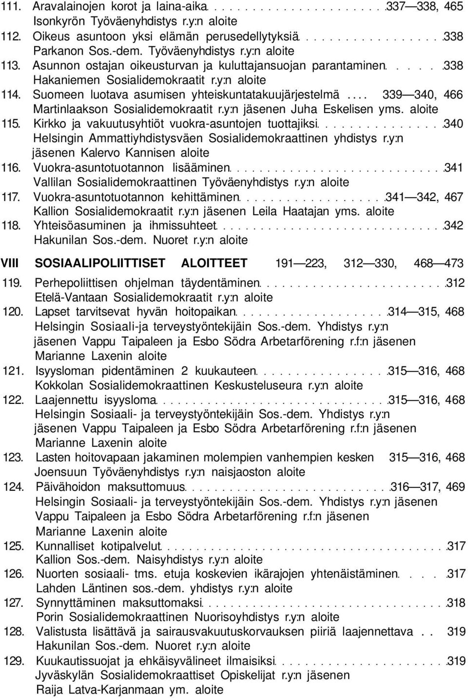 .. 339 340, 466 Martinlaakson Sosialidemokraatit r.y:n jäsenen Juha Eskelisen yms. aloite 115.