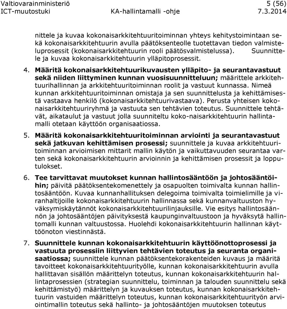 Määritä kokonaisarkkitehtuurikuvausten ylläpito- ja seurantavastuut sekä niiden liittyminen kunnan vuosisuunnitteluun; määrittele arkkitehtuurihallinnan ja arkkitehtuuritoiminnan roolit ja vastuut