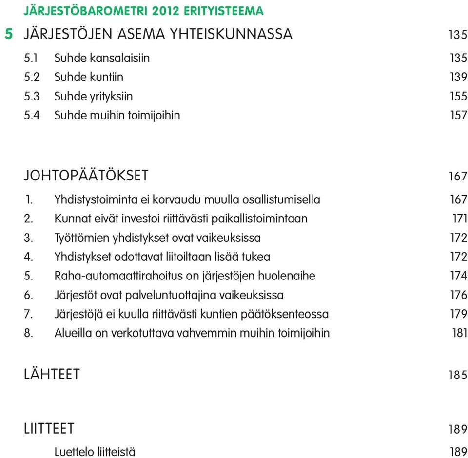 Työttömien yhdistykset ovat vaikeuksissa 172 4. Yhdistykset odottavat liitoiltaan lisää tukea 172 5. Raha-automaattirahoitus on järjestöjen huolenaihe 174 6.