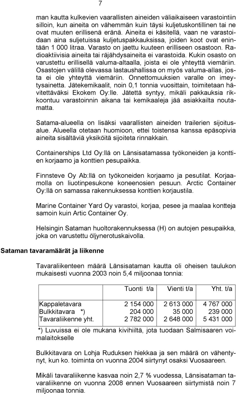 Radioaktiivisia aineita tai räjähdysaineita ei varastoida. Kukin osasto on varustettu erillisellä valuma altaalla, joista ei ole yhteyttä viemäriin.