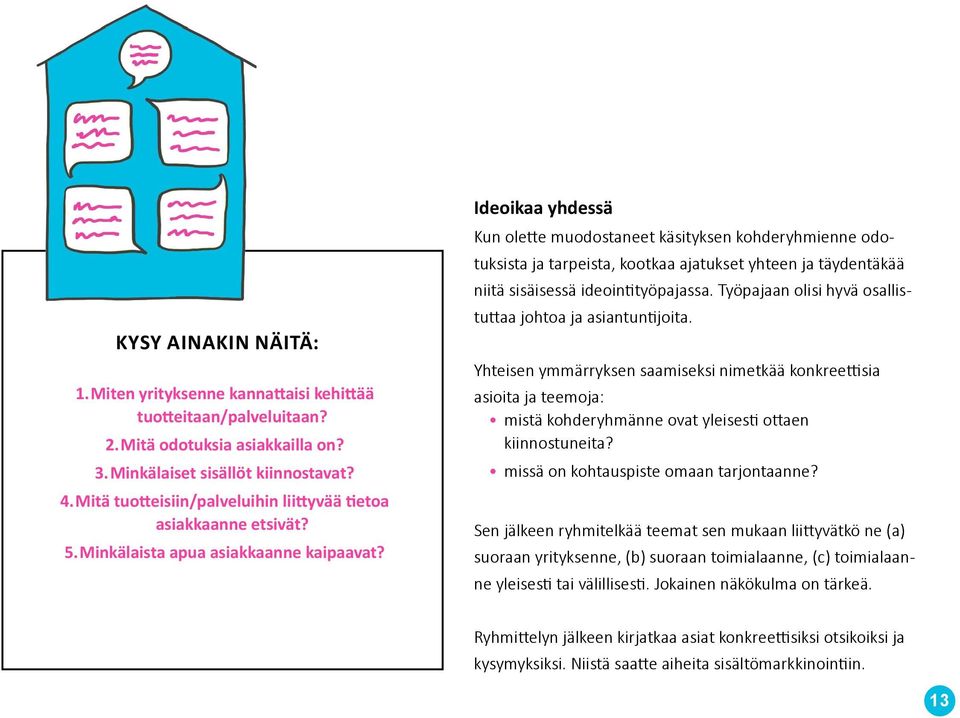 Ideoikaa yhdessä Kun olette muodostaneet käsityksen kohderyhmienne odotuksista ja tarpeista, kootkaa ajatukset yhteen ja täydentäkää niitä sisäisessä ideointityöpajassa.