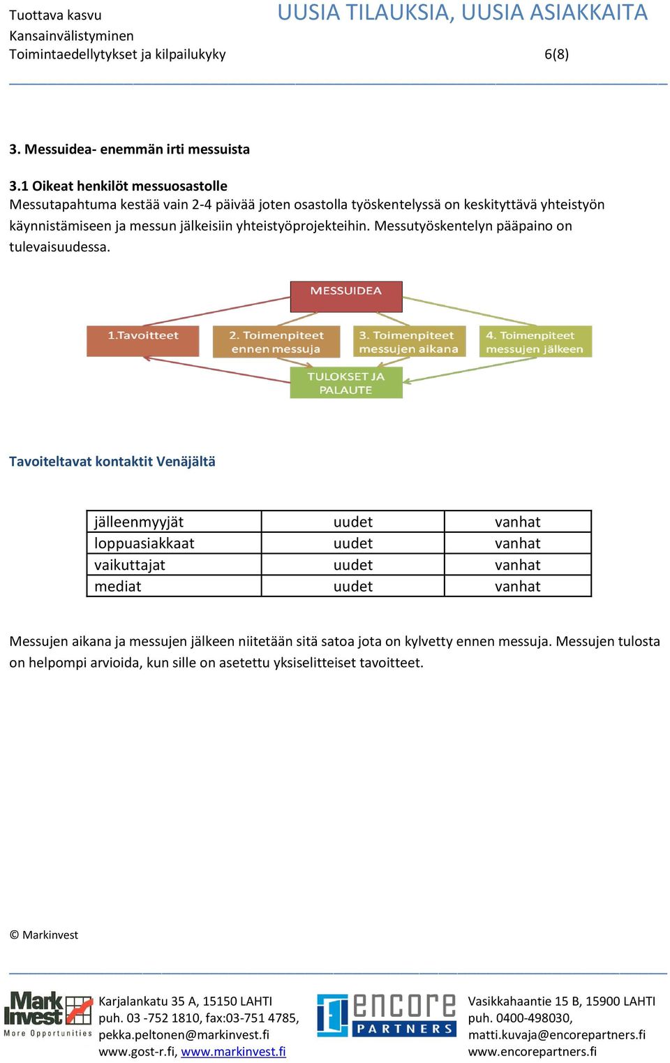 jälkeisiin yhteistyöprojekteihin. Messutyöskentelyn pääpaino on tulevaisuudessa.