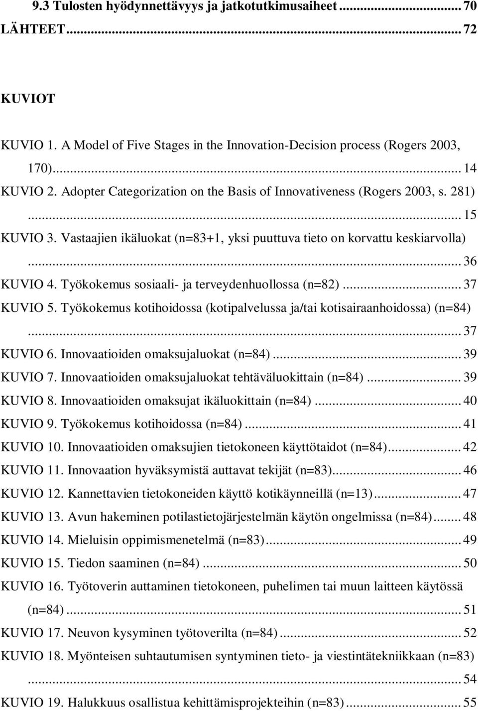 Työkokemus sosiaali- ja terveydenhuollossa (n=82)... 37 KUVIO 5. Työkokemus kotihoidossa (kotipalvelussa ja/tai kotisairaanhoidossa) (n=84)... 37 KUVIO 6. Innovaatioiden omaksujaluokat (n=84).