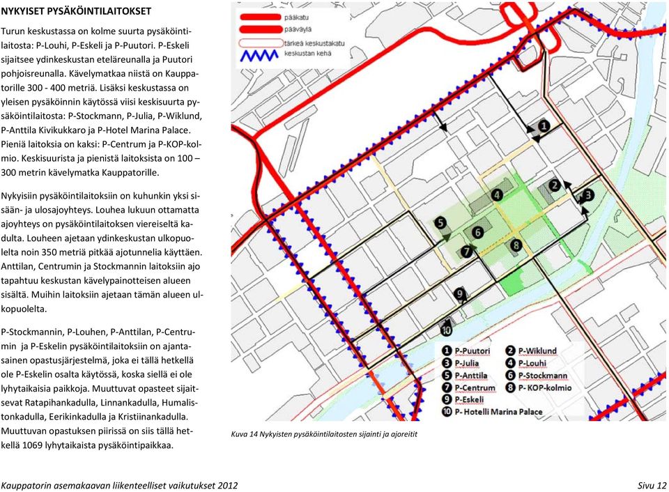 Lisäksi keskustassa on yleisen pysäköinnin käytössä viisi keskisuurta pysäköintilaitosta: P Stockmann, P Julia, P Wiklund, P Anttila Kivikukkaro ja P Hotel Marina Palace.