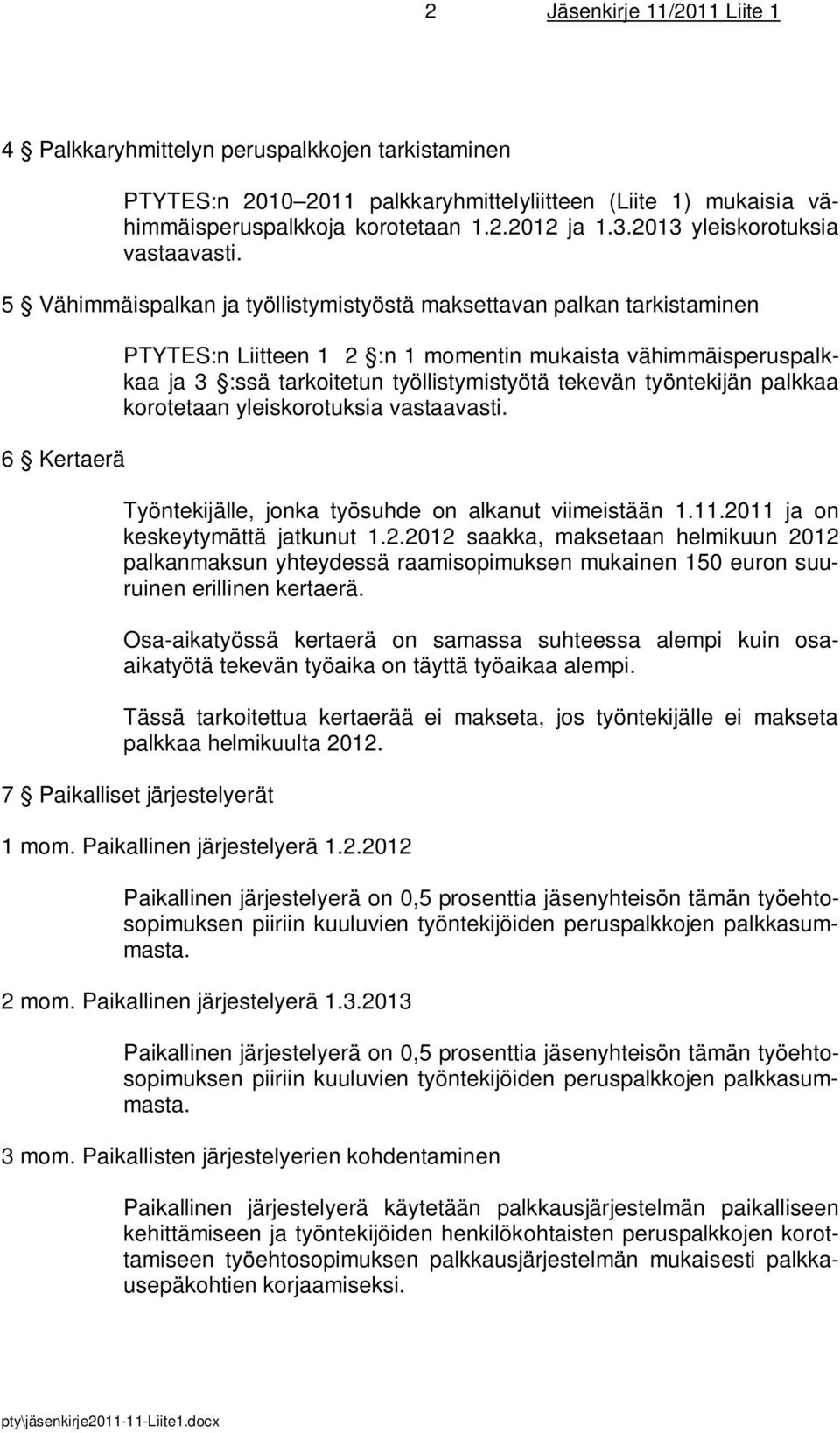 5 Vähimmäispalkan ja työllistymistyöstä maksettavan palkan tarkistaminen 6 Kertaerä PTYTES:n Liitteen 1 2 :n 1 momentin mukaista vähimmäisperuspalkkaa ja 3 :ssä tarkoitetun työllistymistyötä tekevän