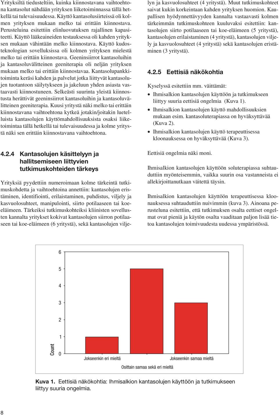 Käyttö lääkeaineiden testauksessa oli kahden yrityksen mukaan vähintään melko kiinnostava. Käyttö kudosteknologian sovelluksissa oli kolmen yrityksen mielestä melko tai erittäin kiinnostava.