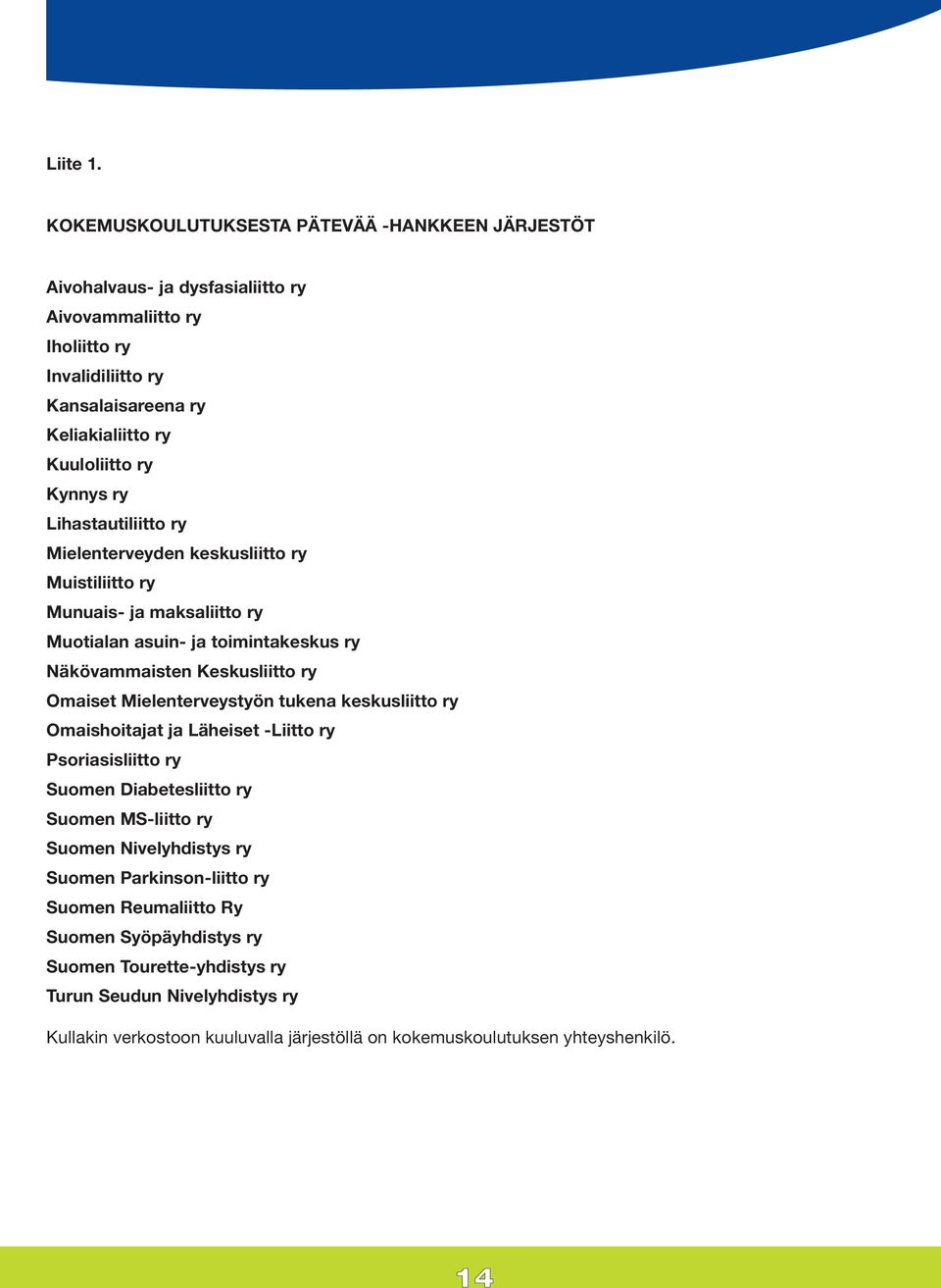 Kynnys ry Lihastautiliitto ry Mielenterveyden keskusliitto ry Muistiliitto ry Munuais- ja maksaliitto ry Muotialan asuin- ja toimintakeskus ry Näkövammaisten Keskusliitto ry Omaiset