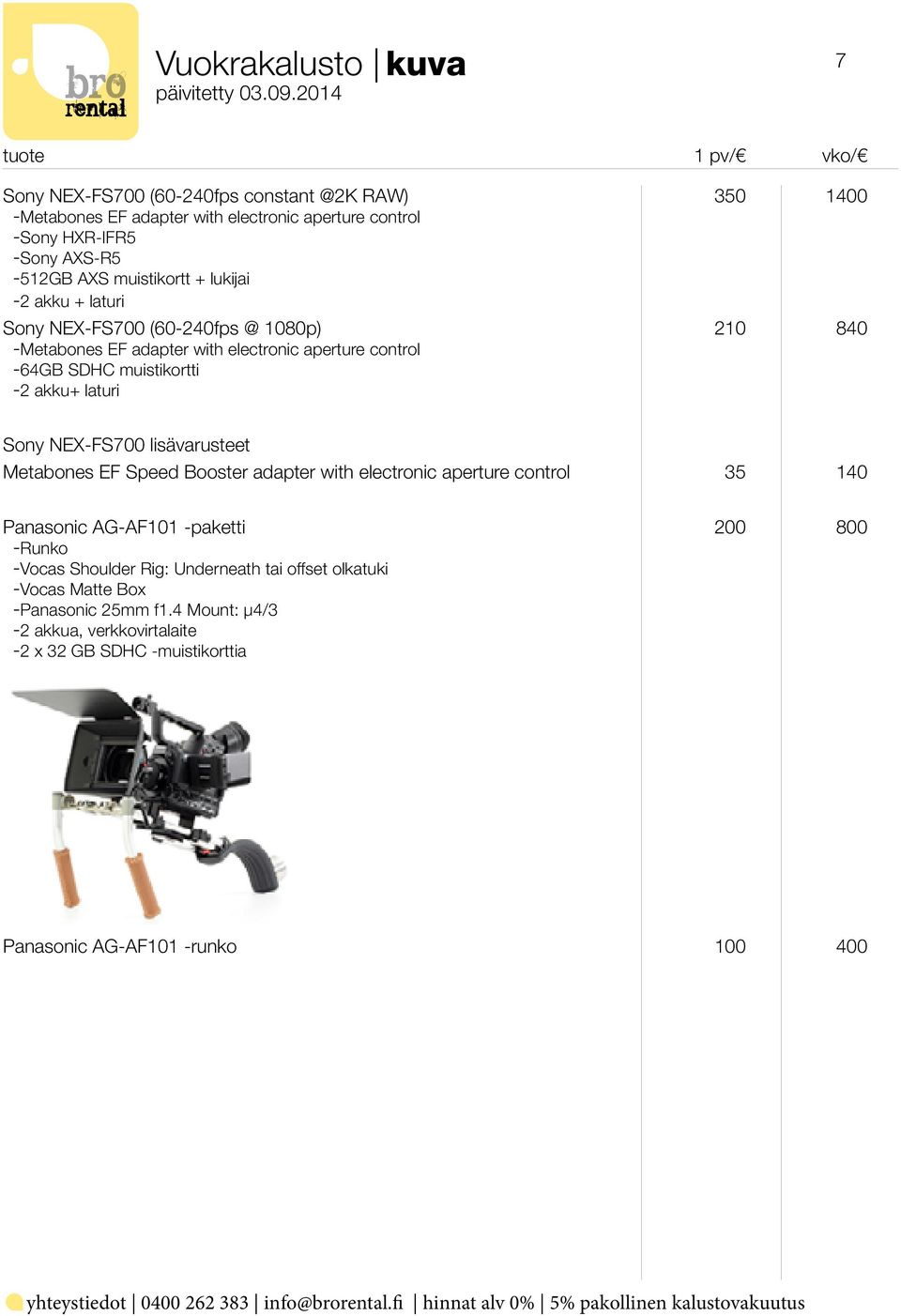 Sony NEX-FS700 lisävarusteet Metabones EF Speed Booster adapter with electronic aperture control 35 140 Panasonic AG-AF101 -paketti 200 800 -Runko -Vocas Shoulder