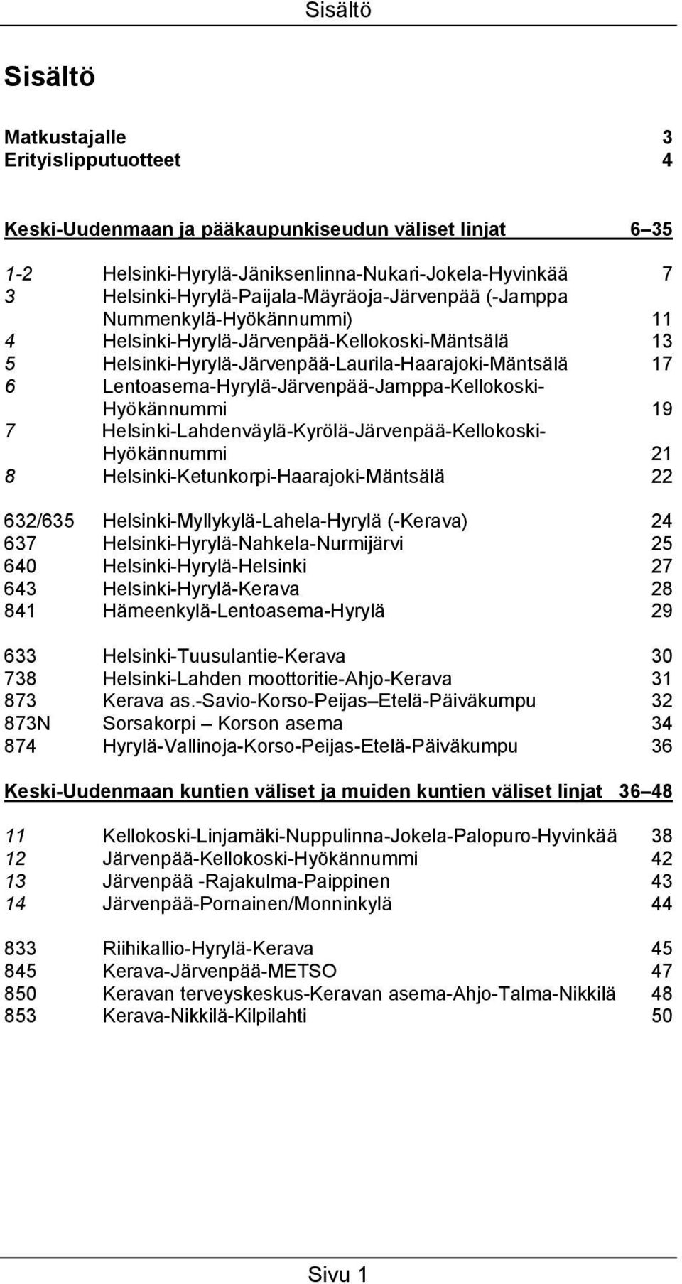 Lentoasema-Hyrylä-Järvenpää-Jamppa-Kellokoski- Hyökännummi 19 7 Helsinki-Lahdenväylä-Kyrölä-Järvenpää-Kellokoski- Hyökännummi 21 8 Helsinki-Ketunkorpi-Haarajoki-Mäntsälä 22 632/635