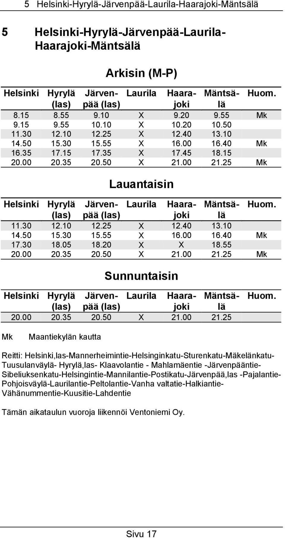 25 Mk Lauantaisin Helsinki Hyrylä Järvenpää Laurila Haara- Mäntsä- Huom. (las) (las) joki lä 11.30 12.10 12.25 X 12.40 13.10 14.50 15.30 15.55 X 16.00 16.40 Mk 17.30 18.05 18.20 X X 18.55 20.00 20.
