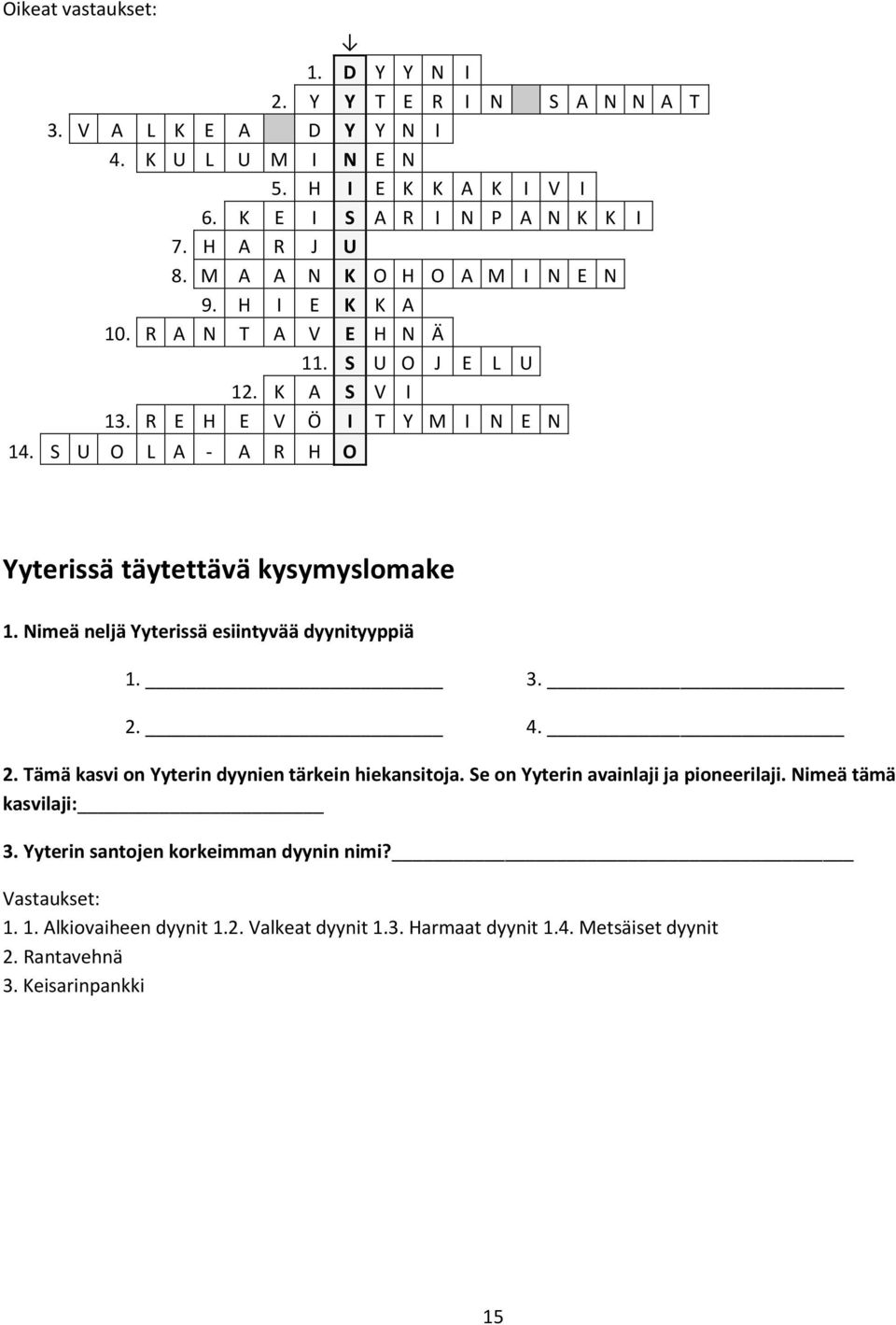 S U O L A - A R H O Yyterissä täytettävä kysymyslomake 1. Nimeä neljä Yyterissä esiintyvää dyynityyppiä 1. 2. 3. 4. 2. Tämä kasvi on Yyterin dyynien tärkein hiekansitoja.