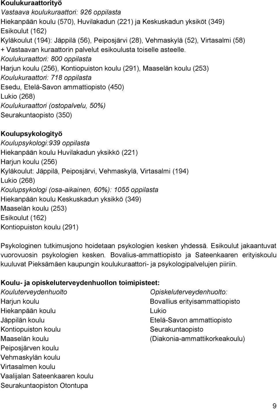 Koulukuraattori: 800 oppilasta Harjun koulu (256), Kontiopuiston koulu (291), Maaselän koulu (253) Koulukuraattori: 718 oppilasta Esedu, Etelä-Savon ammattiopisto (450) Lukio (268) Koulukuraattori